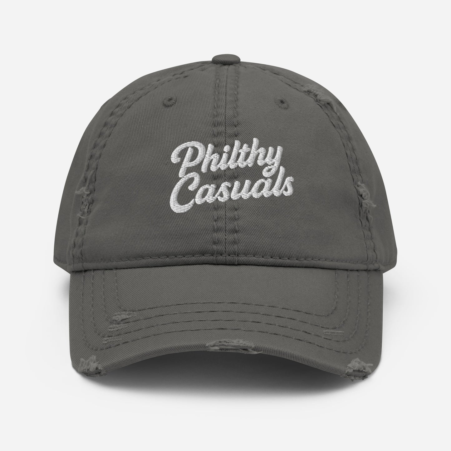 distressed dad hat charcoal grey front