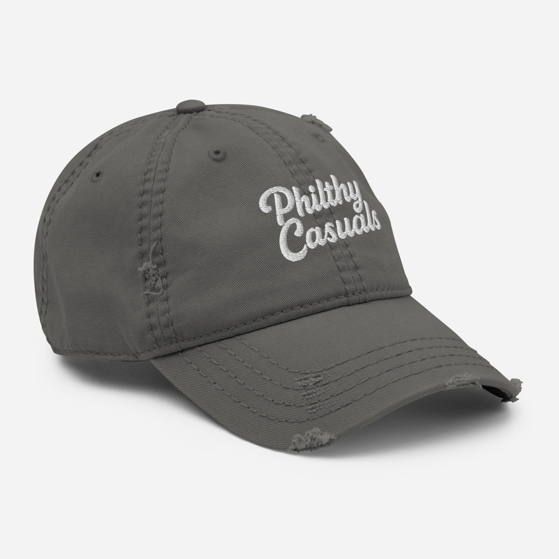 distressed dad hat charcoal grey right front