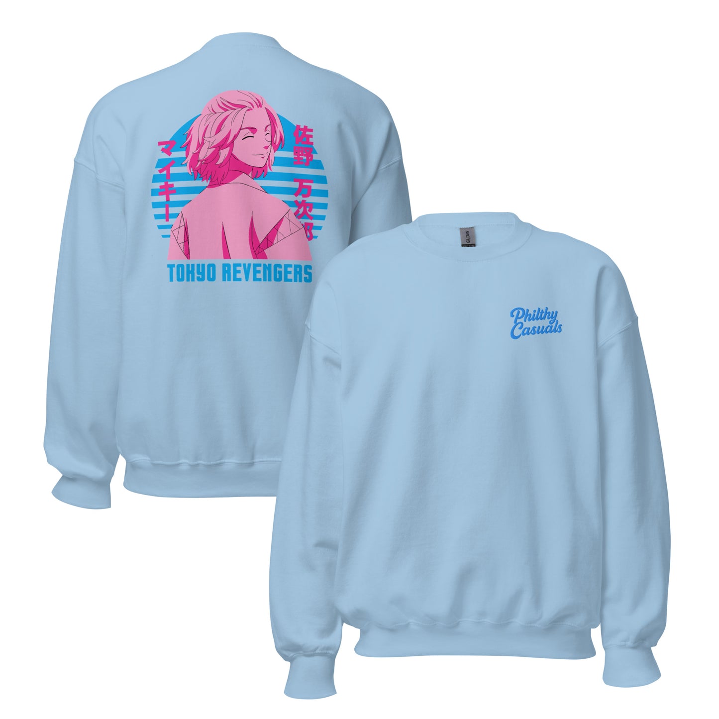 unisex crew neck sweatshirt light blue front and back